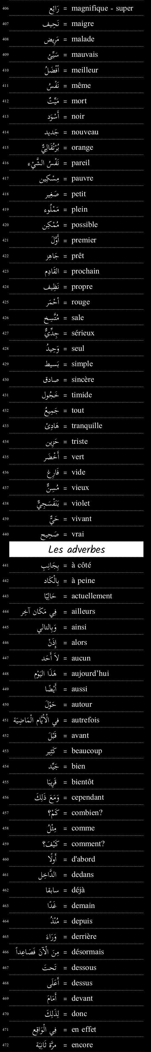 mots utiles de vocabulaire français arabe 7/11